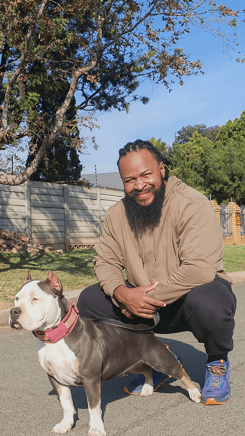 An image of Xena the American Bully and owner Ken